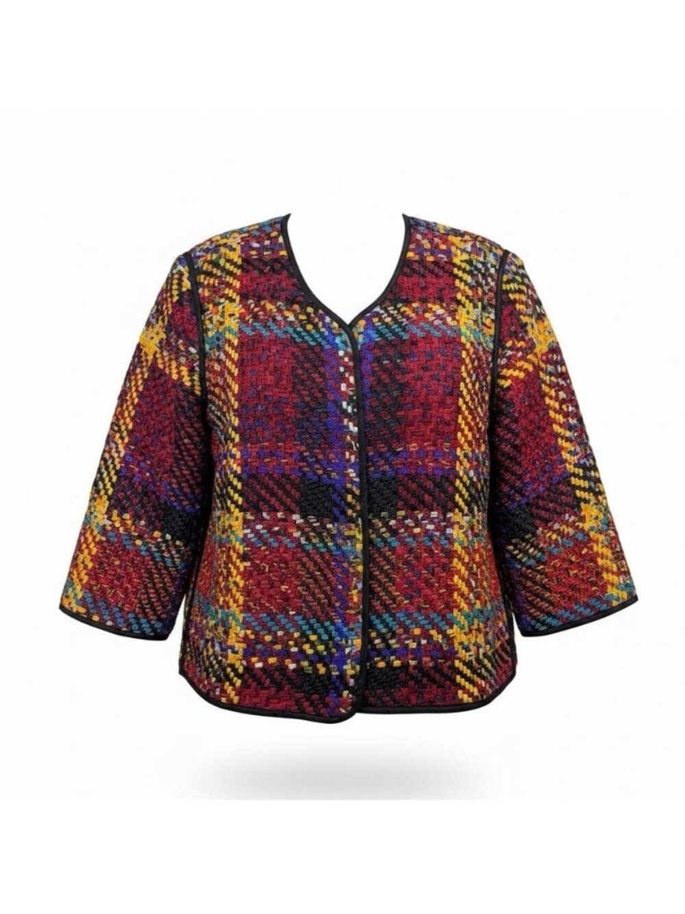 Chicos Design Womens Multicolor Silk Plaid Open Front Jacket Unique Accent Sz 3